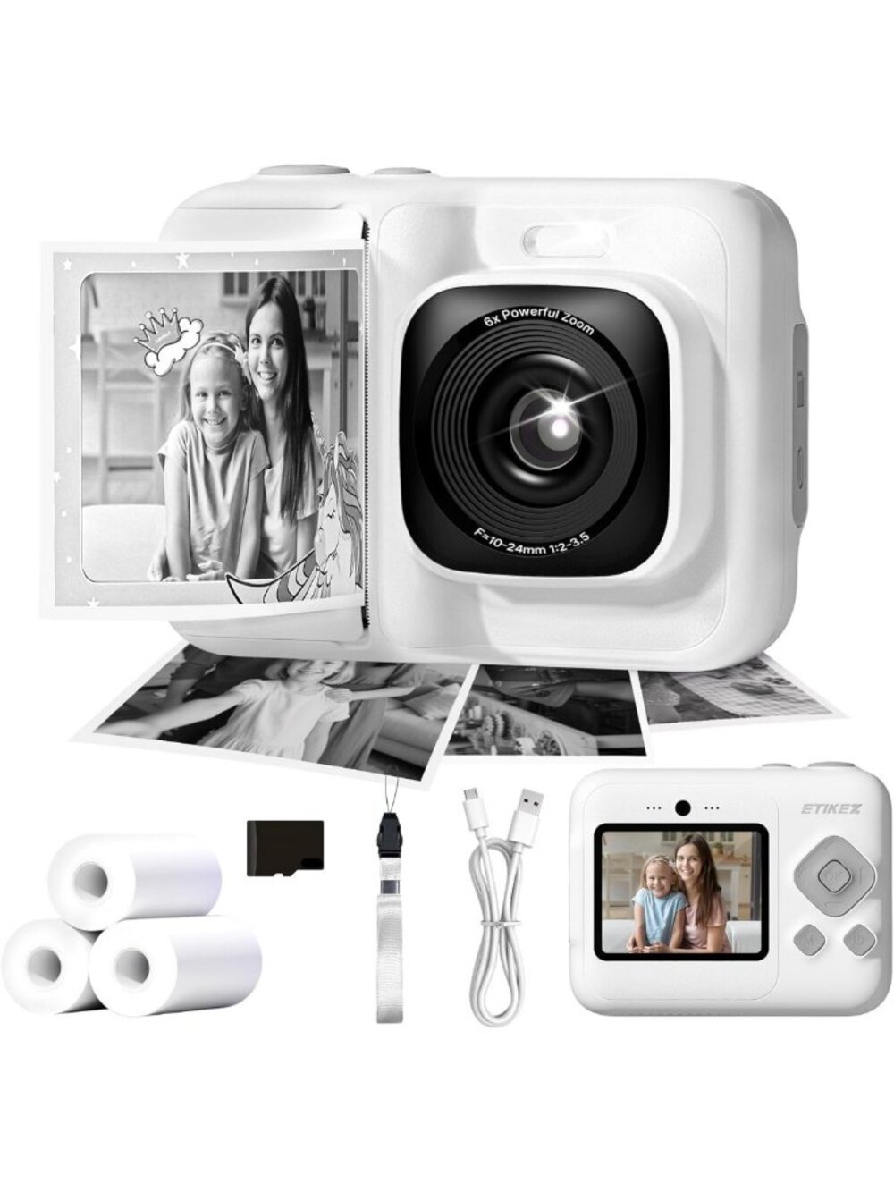 Kids Instant Digital Camera, 1080P Dual Lens, 32GB Memory Card, White